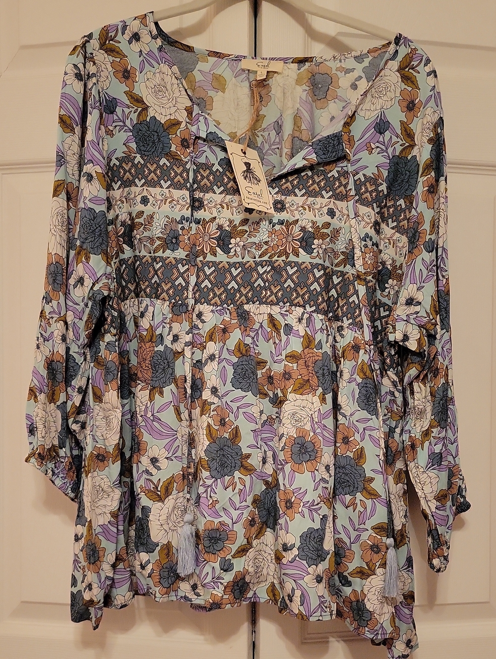 Boho Floral Peasant Blouse in Light Blue, Lavender & Brown